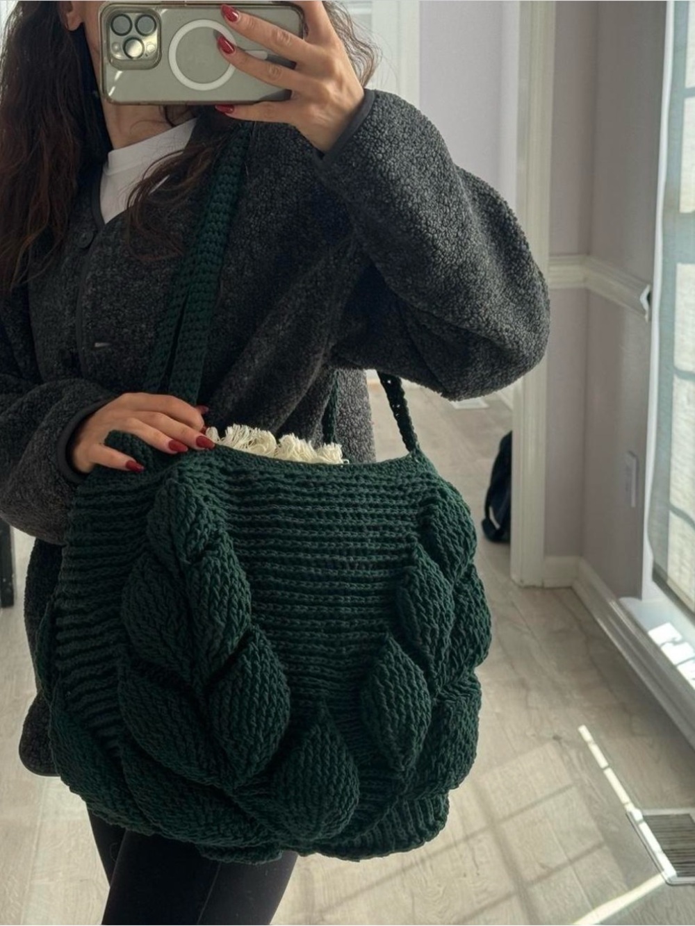 Chunky Knit Dark Green Tote Bag Handmade